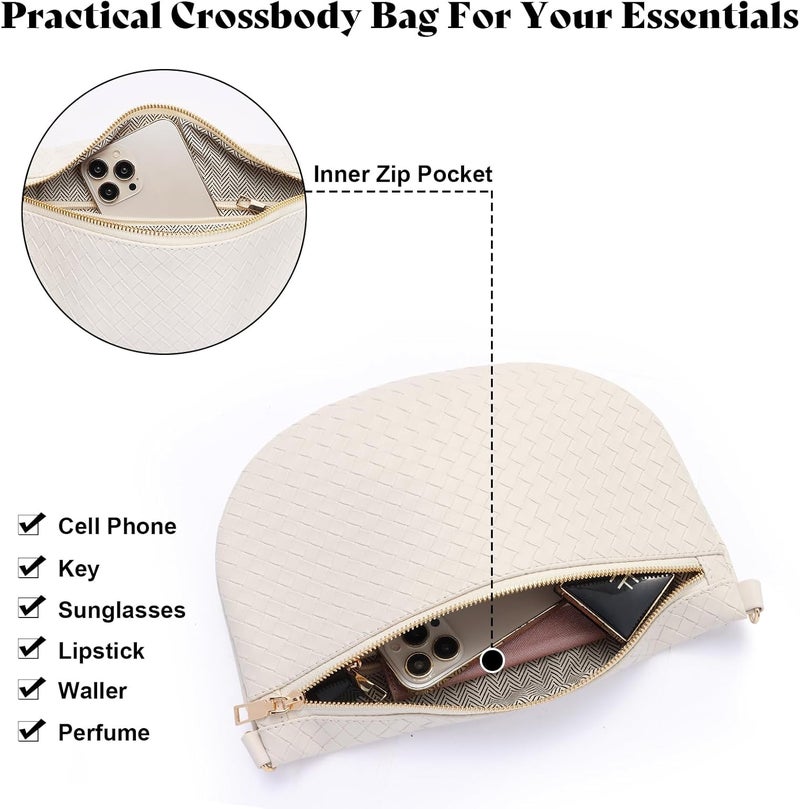Dealkion Woven Crossbody Bags for Women Leather Belt Bum Sling Purse Fanny Waist Pack Chest Shoulder Bag for Women-Cream - Image 4